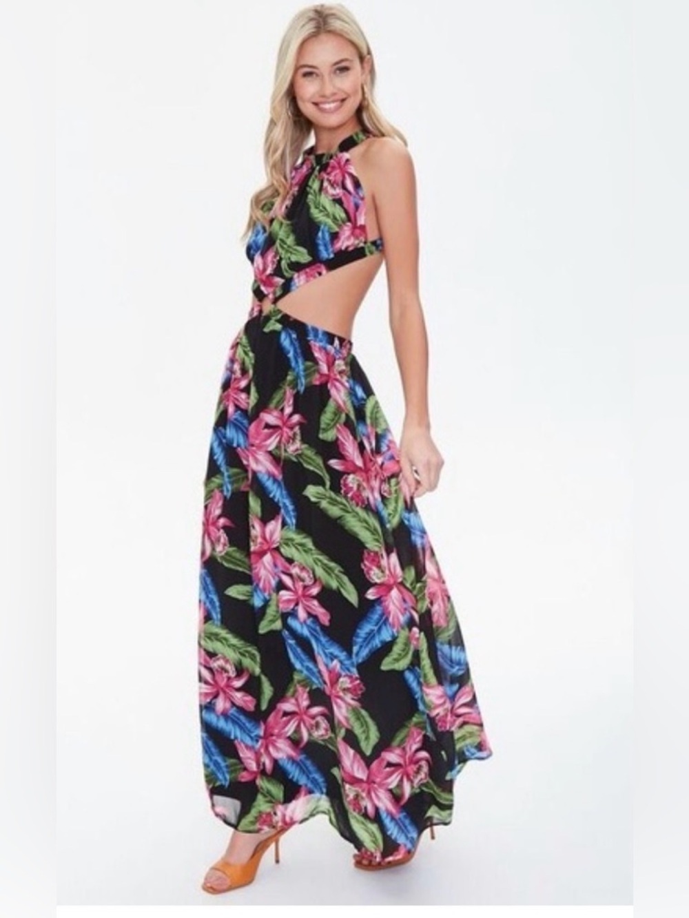 Tropical Floral Print Maxi Dress Cross Back cutout, size small, NWOT